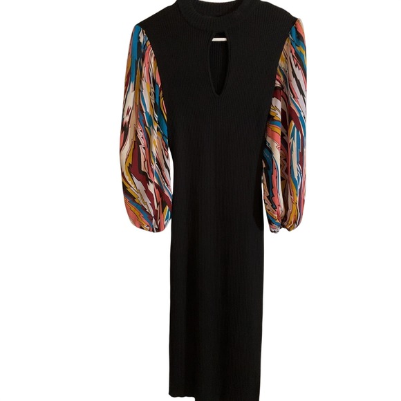 New York & Company Black Ribbed Knit Midi Dress Abstract Puff Sleeve Keyhole M - Picture 1 of 10